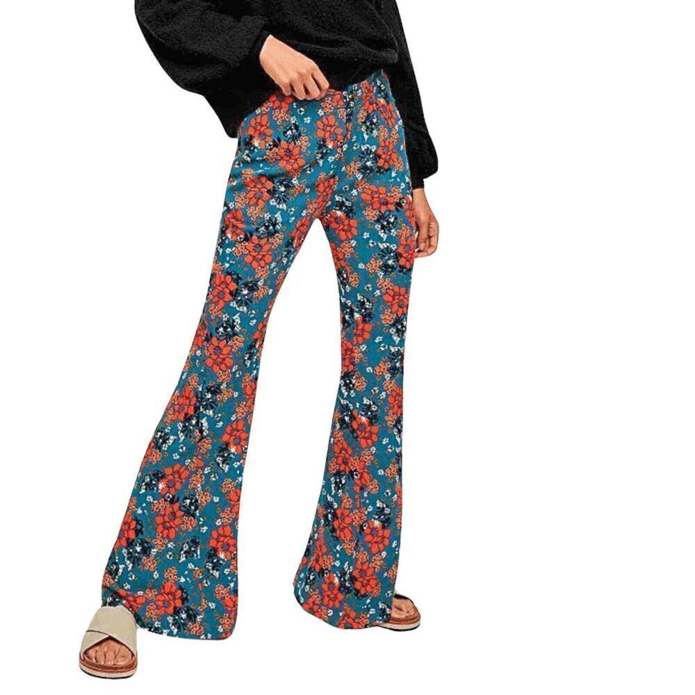 Free People Teal Floral Boot-Cut Pants